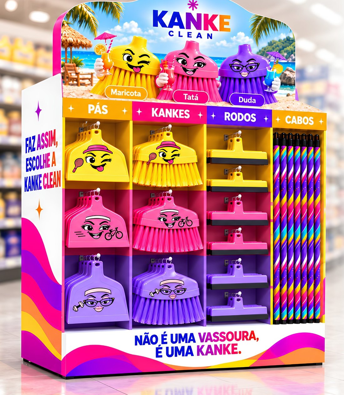 Expositor KANKE montado em supermercado, com pás, vassouras, rodos e cabos